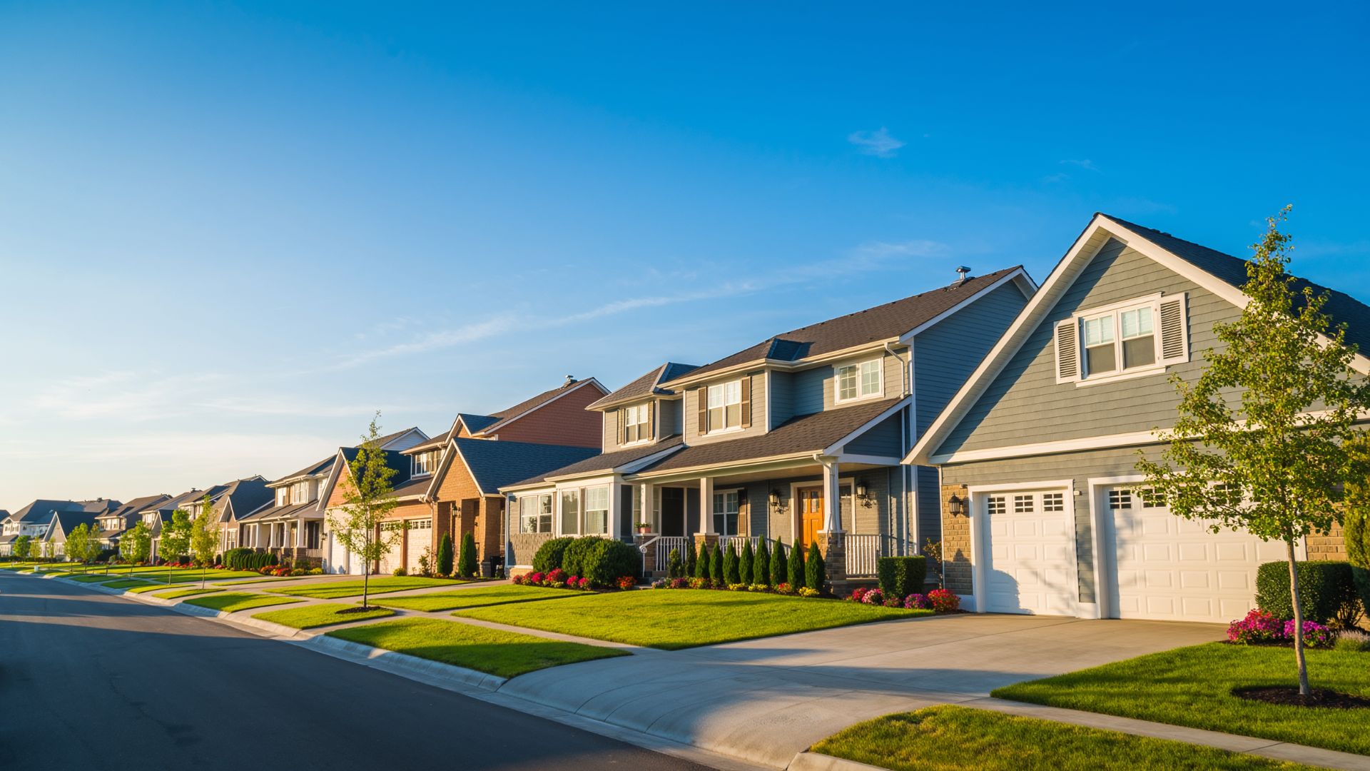 A suburban neighborhood street lined with modern, well-kept houses, green lawns, and small trees, under a clear blue sky in the early morning or late afternoon sunlight.