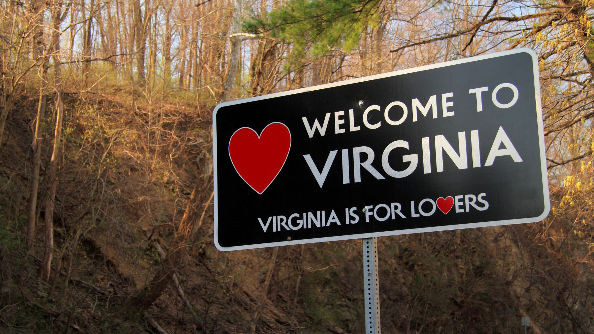 A roadside sign reads Welcome to Virginia with a red heart and the slogan Virginia is for Lovers. Leafless trees and a dirt hillside fill the background.