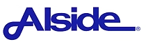 The image shows the Alside logo with the brand name written in bold, blue letters on a light background. The letter A is stylized with a curved underline.