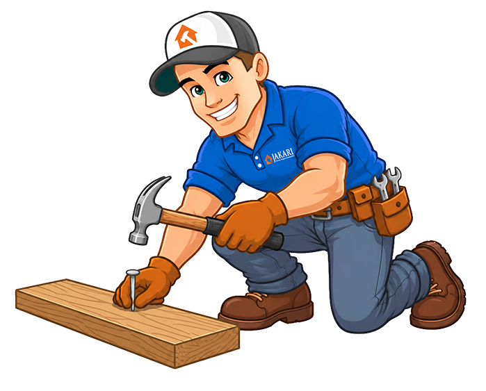 Cartoon man in a blue shirt and cap, wearing gloves and a tool belt, kneeling on one knee while hammering a nail into a wooden plank. He is smiling and appears to be engaged in carpentry work.