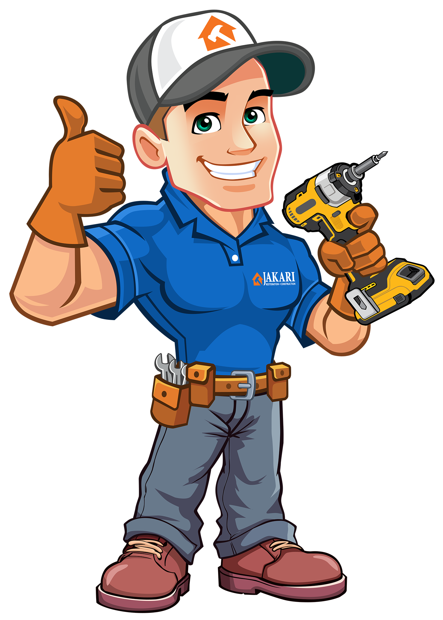 Cartoon handyman wearing a cap, blue shirt, tool belt, and gloves, holding a power drill in one hand and giving a thumbs-up with the other, smiling confidently.