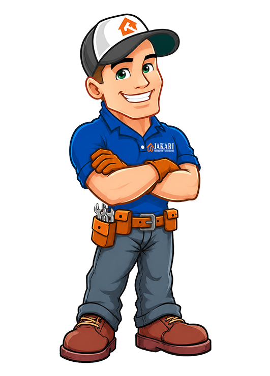 Cartoon handyman smiling with arms crossed, wearing a blue polo shirt with Jakari logo, gray pants, tool belt, brown boots, and a cap. Tools are tucked into his belt.
