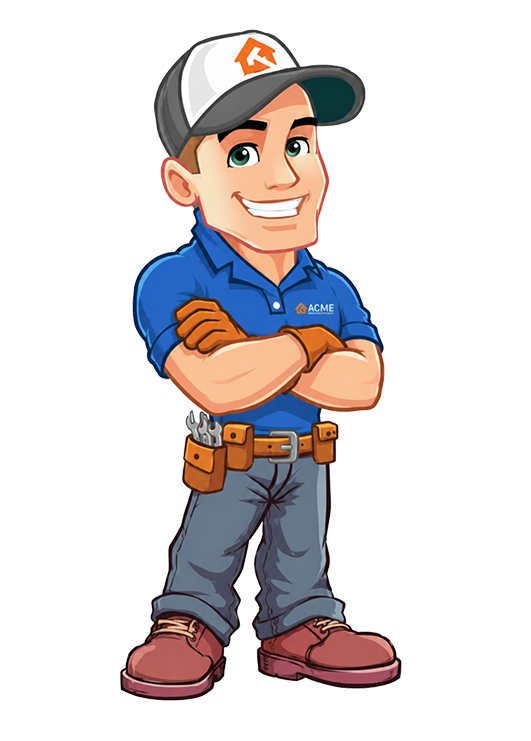 Cartoon handyman wearing a blue shirt, gray pants, tool belt, brown boots, and a white cap with an orange logo. He is smiling, arms crossed, and has tools in his belt.
