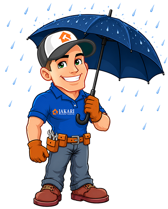Cartoon handyman wearing a blue shirt, gloves, jeans, and boots, smiling while holding an open umbrella with raindrops falling around him. His shirt reads JAKARI and he wears a cap with a logo.