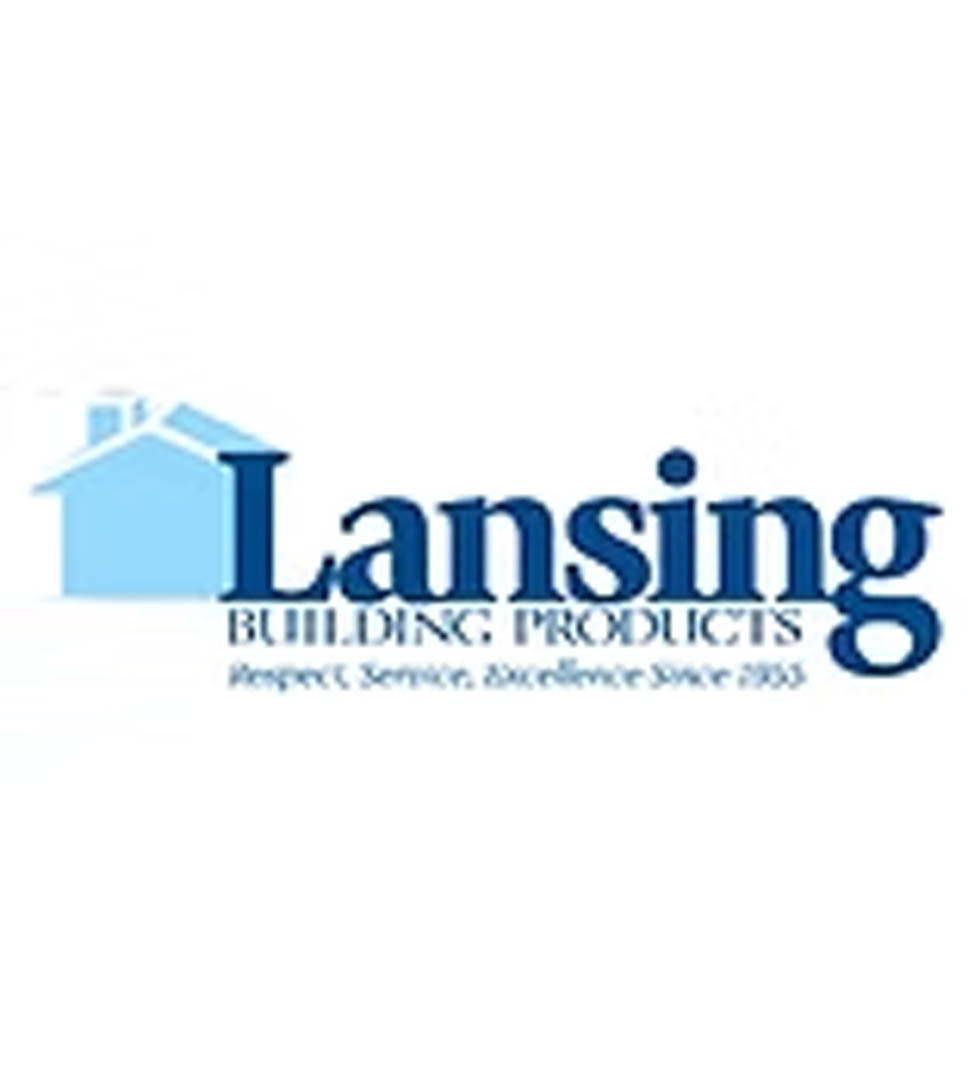 Logo for Lansing Building Products, featuring a blue house icon to the left of the company name in bold blue text, with the tagline Respect. Service. Excellence. Since 1955 underneath—trusted for storm damage recovery solutions.