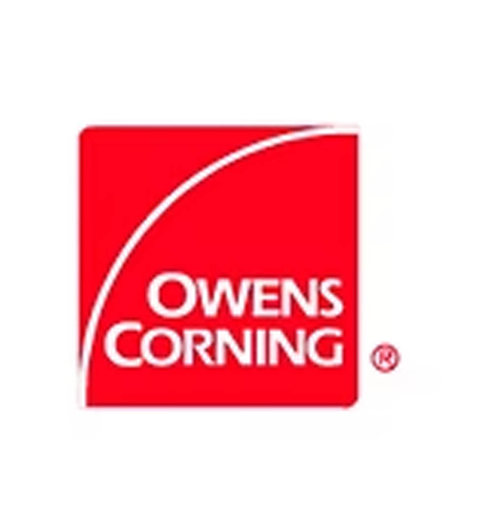 The image shows the Owens Corning logo: a red square with a curved white line and the words Owens Corning in white text, representing their expertise in storm damage recovery.
