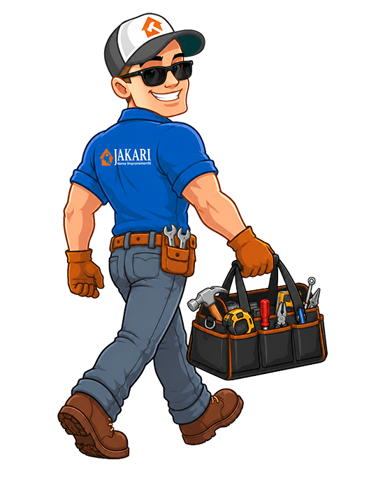 Cartoon handyman in a blue shirt, jeans, gloves, boots, and sunglasses, carrying a black tool bag filled with tools, walking and smiling. Shirt and cap display the AKARI logo.